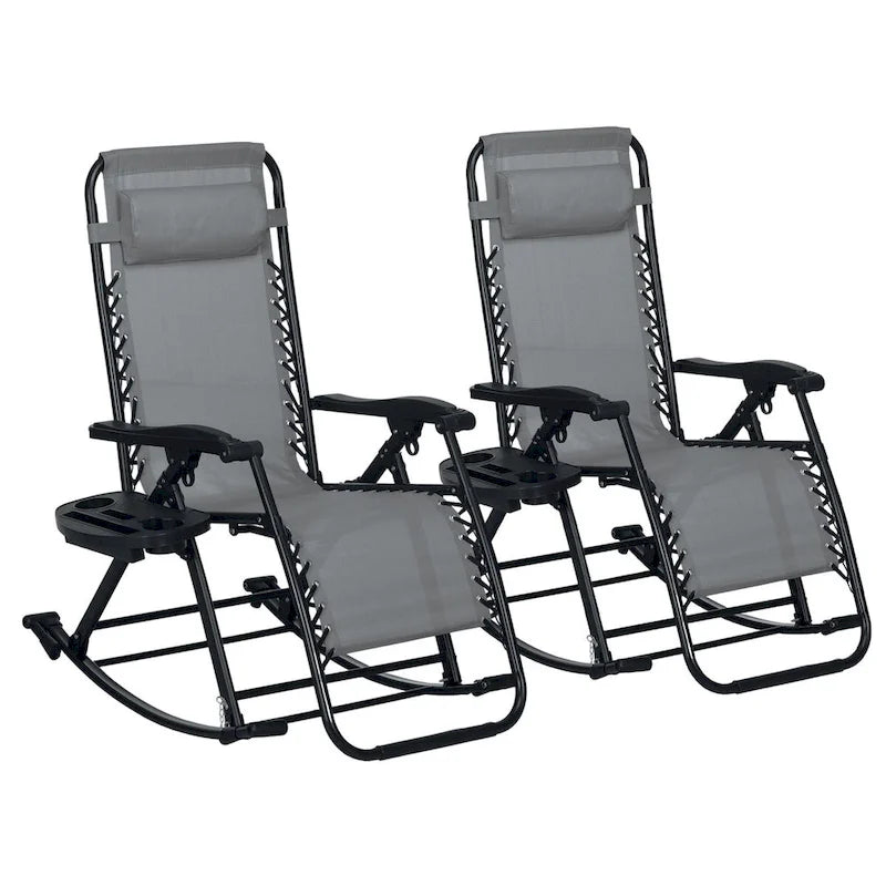 Lot de 2 chaises berçantes pliables d'extérieur, fauteuils à bascule inclinables zéro gravité avec oreiller, porte-gobelet et porte-téléphone