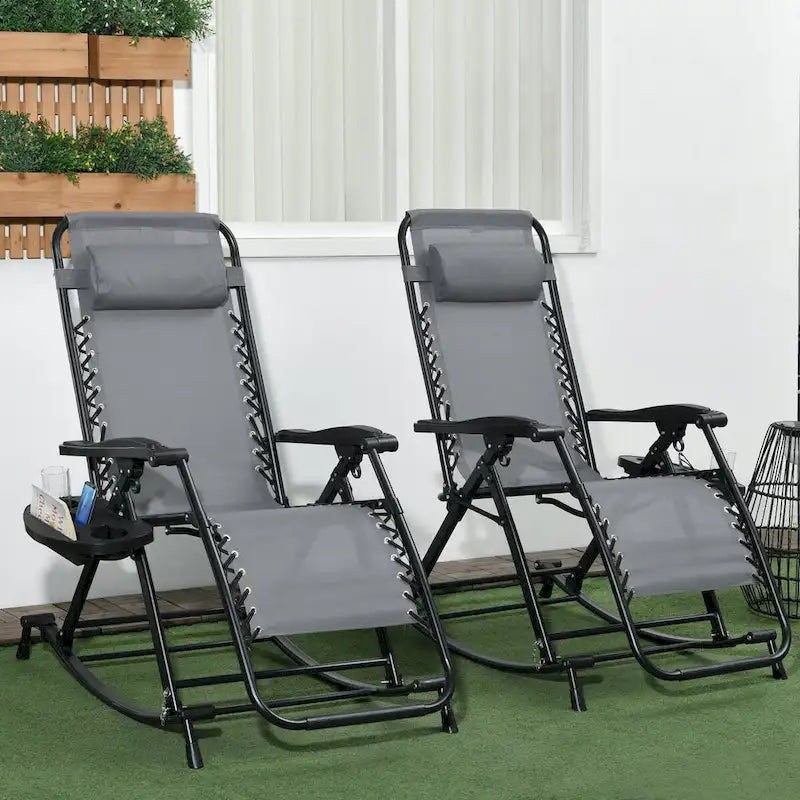Lot de 2 chaises berçantes pliables d'extérieur, fauteuils à bascule inclinables zéro gravité avec oreiller, porte-gobelet et porte-téléphone