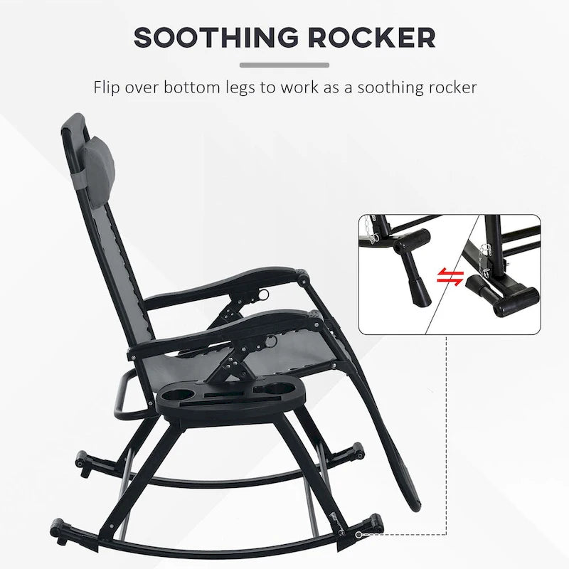Lot de 2 chaises berçantes pliables d'extérieur, fauteuils à bascule inclinables zéro gravité avec oreiller, porte-gobelet et porte-téléphone