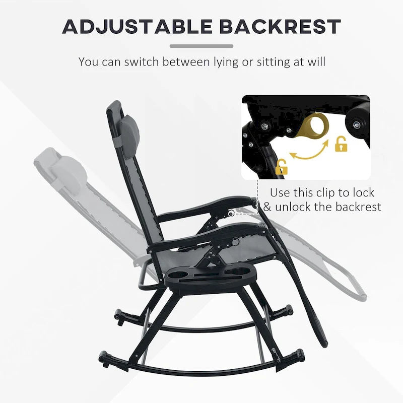 Lot de 2 chaises berçantes pliables d'extérieur, fauteuils à bascule inclinables zéro gravité avec oreiller, porte-gobelet et porte-téléphone