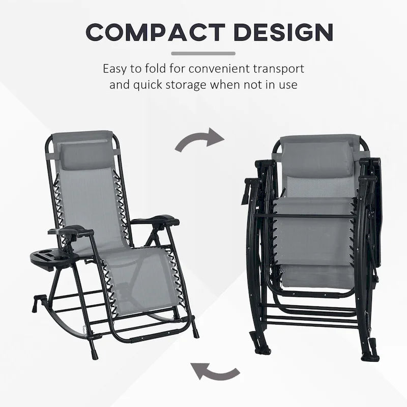 Lot de 2 chaises berçantes pliables d'extérieur, fauteuils à bascule inclinables zéro gravité avec oreiller, porte-gobelet et porte-téléphone