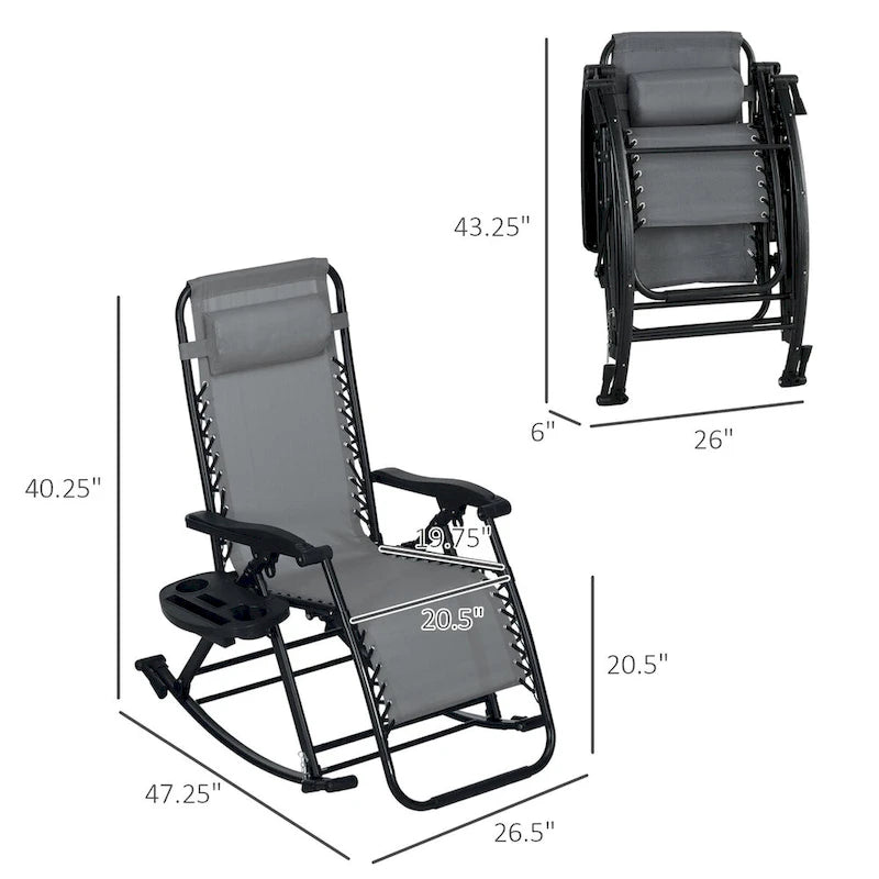 Lot de 2 chaises berçantes pliables d'extérieur, fauteuils à bascule inclinables zéro gravité avec oreiller, porte-gobelet et porte-téléphone