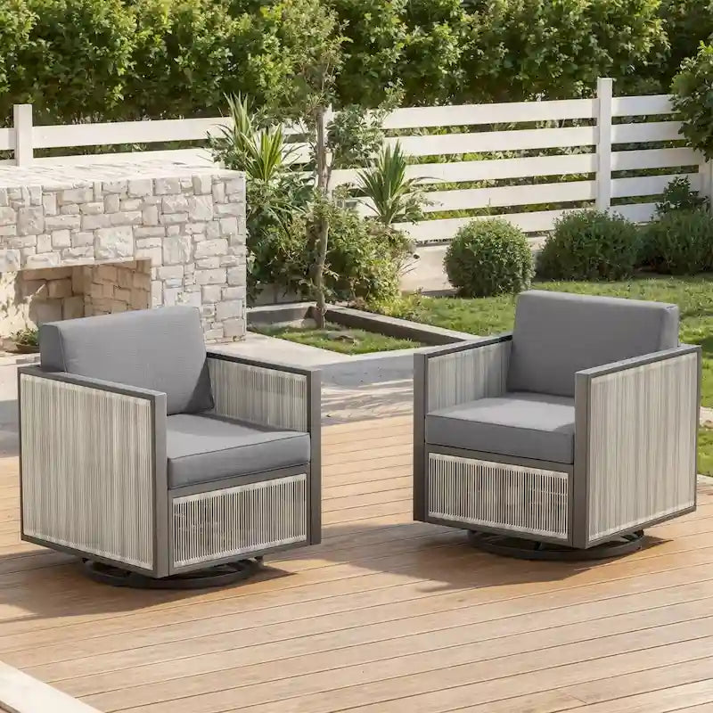 2 fauteuils de jardin pivotants et basculants avec accoudoirs en osier - Gris clair