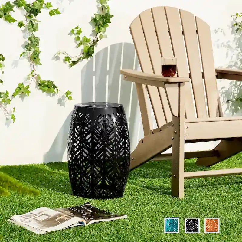 Glitzhome 18H Outdoor Metal Side Table Garden Stool with Solar Lights
