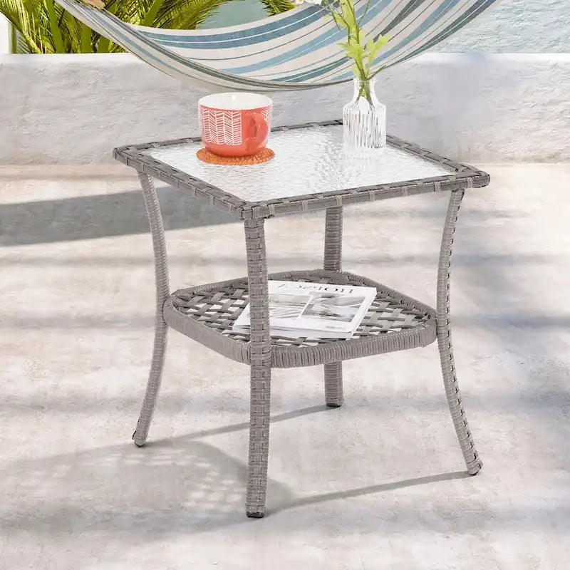 Table d'appoint en verre ondulé LIVOOSUN et table basse en rotin pour patio