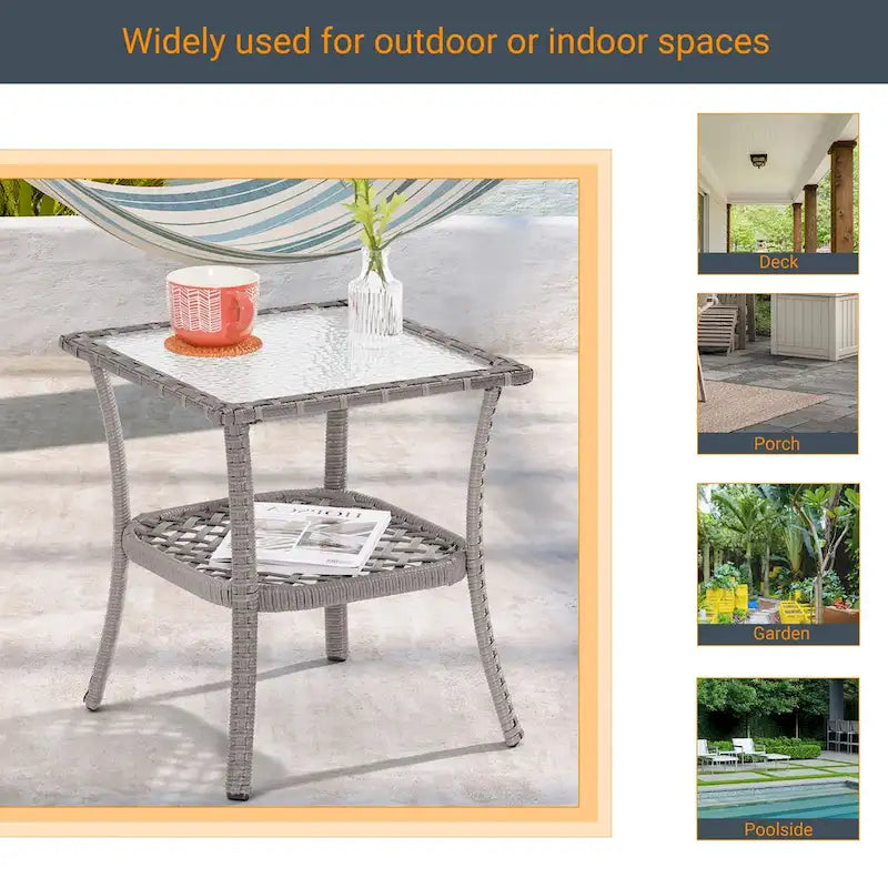 Table d'appoint en verre ondulé LIVOOSUN et table basse en rotin pour patio