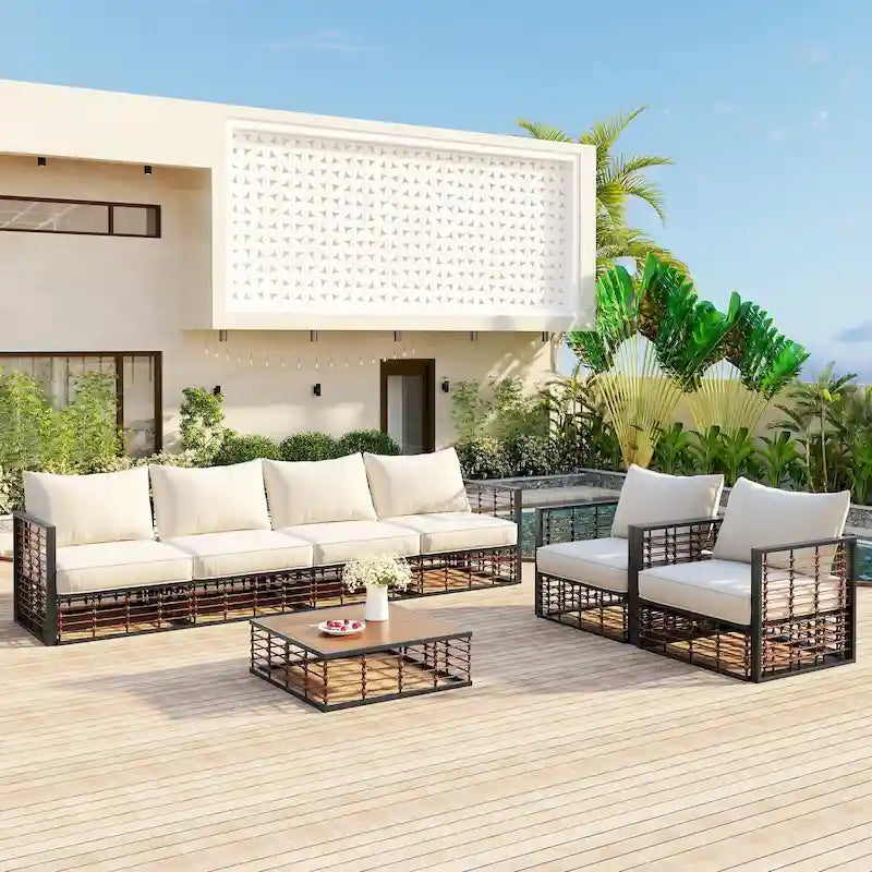 Ensemble de canapé d'angle de patio 7 places en métal, moderne et minimaliste, assise profonde, gris