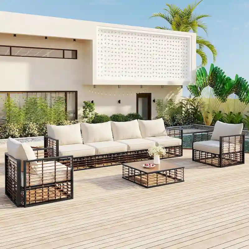 Ensemble de canapé d'angle de patio 7 places en métal, moderne et minimaliste, assise profonde, gris