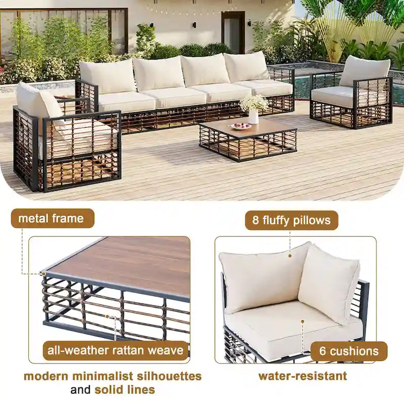 Ensemble de canapé d'angle de patio 7 places en métal, moderne et minimaliste, assise profonde, gris