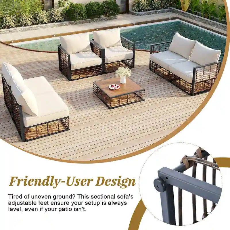 Ensemble de canapé d'angle de patio 7 places en métal, moderne et minimaliste, assise profonde, gris