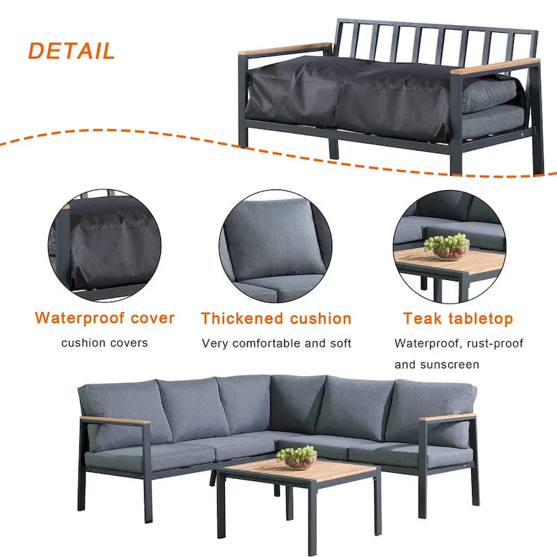 Canapé d'angle d'extérieur 4 pièces en teck, cadre en aluminium anthracite mat