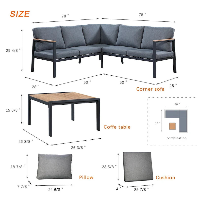 Canapé d'angle d'extérieur 4 pièces en teck, cadre en aluminium anthracite mat
