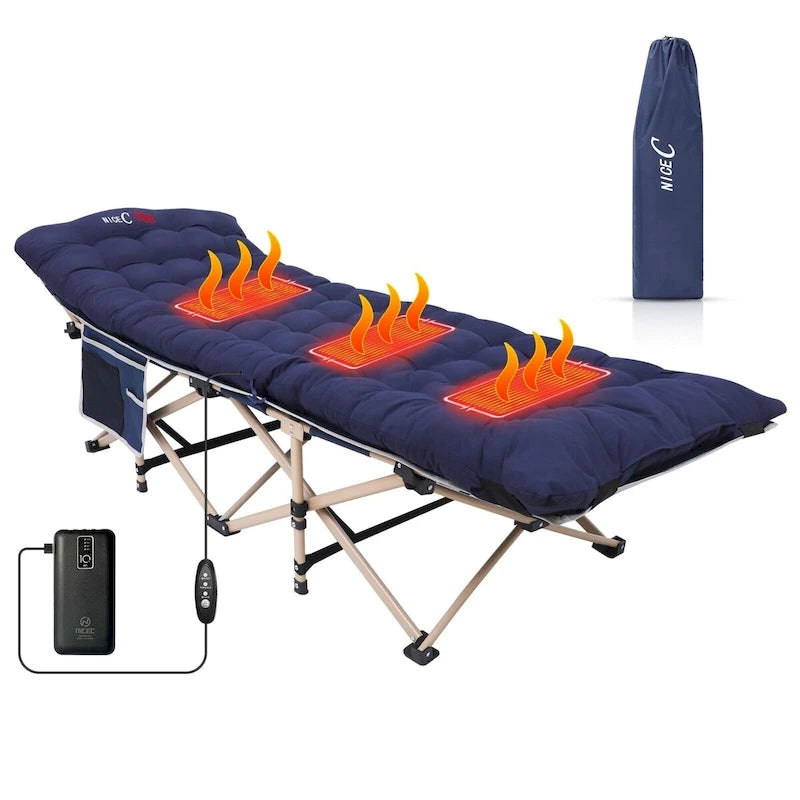 Lit de camp, lit de camp chauffant avec batterie externe 10 000 mAh, robuste, supporte 227 kg - 188 x 67,3 cm