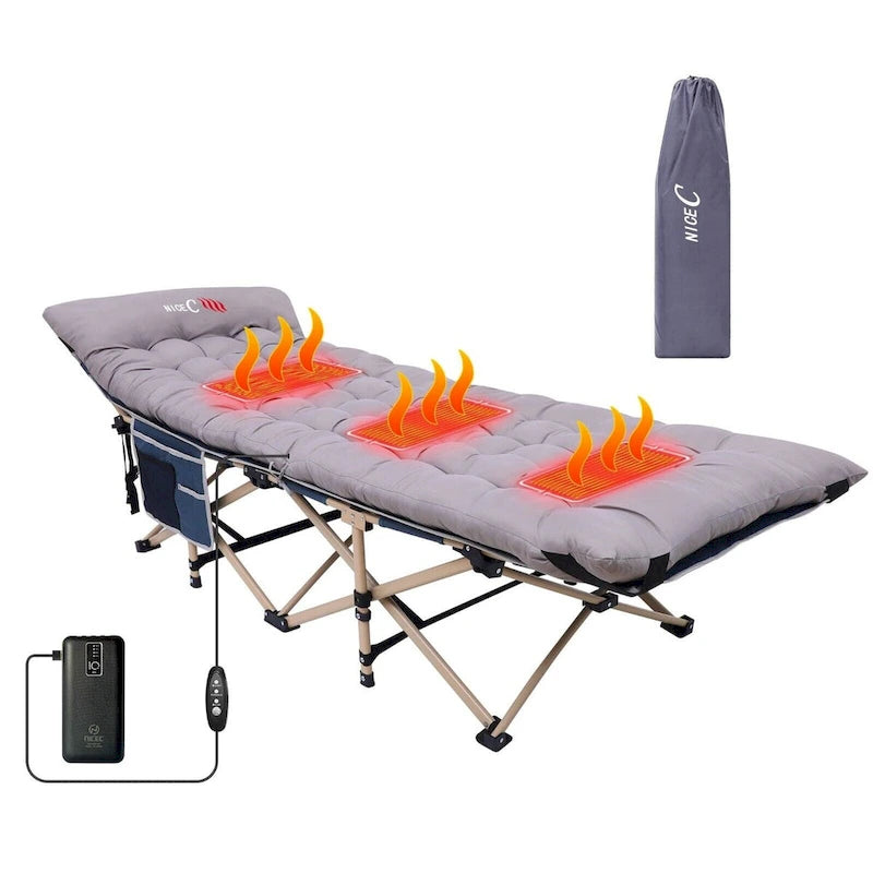 Lit de camp, lit de camp chauffant avec batterie externe 10 000 mAh, robuste, supporte 227 kg - 188 x 67,3 cm