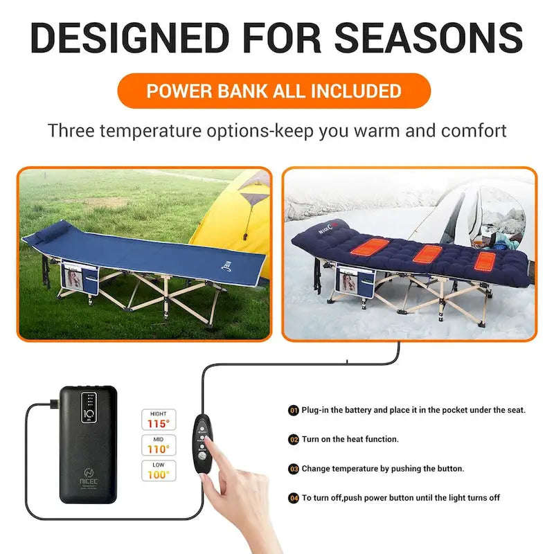 Lit de camp, lit de camp chauffant avec batterie externe 10 000 mAh, robuste, supporte 227 kg - 188 x 67,3 cm
