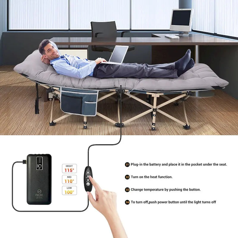 Lit de camp, lit de camp chauffant avec batterie externe 10 000 mAh, robuste, supporte 227 kg - 188 x 67,3 cm