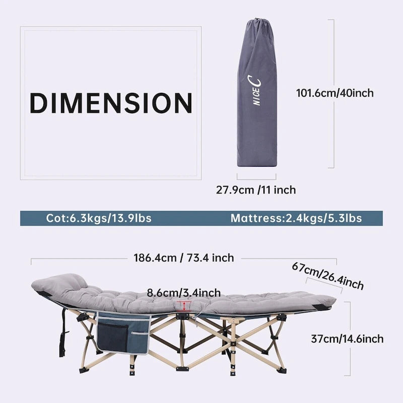 Lit de camp, lit de camp chauffant avec batterie externe 10 000 mAh, robuste, supporte 227 kg - 188 x 67,3 cm