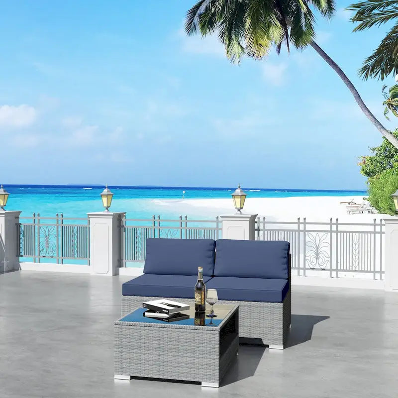 3-Piece Wicker Outdoor Patio Furniture Sectional Conversation Set with Cushion and Side Table