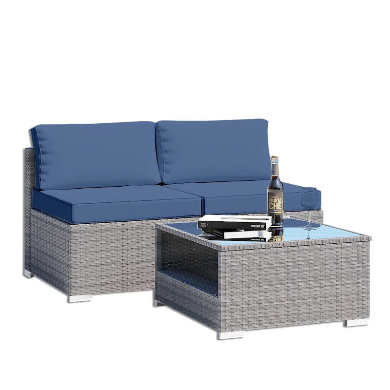 Ensemble de conversation d'extérieur 3 pièces en osier avec coussins et table d'appoint