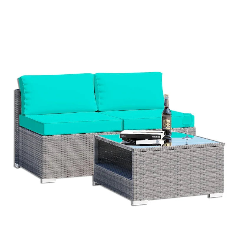 Ensemble de conversation d'extérieur 3 pièces en osier avec coussins et table d'appoint