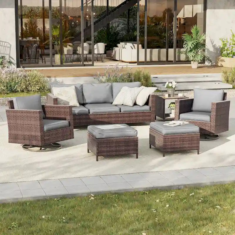 BONOSUKI Salon de jardin pivotant 6 pièces en rotin marron avec table d'appoint