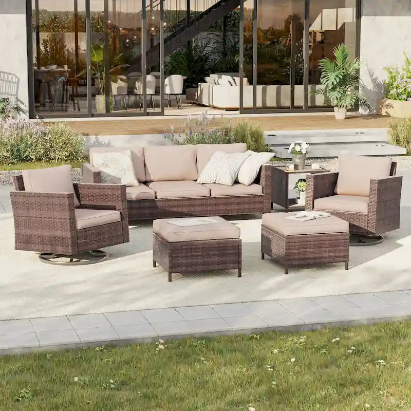 BONOSUKI 6Pcs Patio Swivel Rocking Sofa Set Brown Rattan w/Side Table