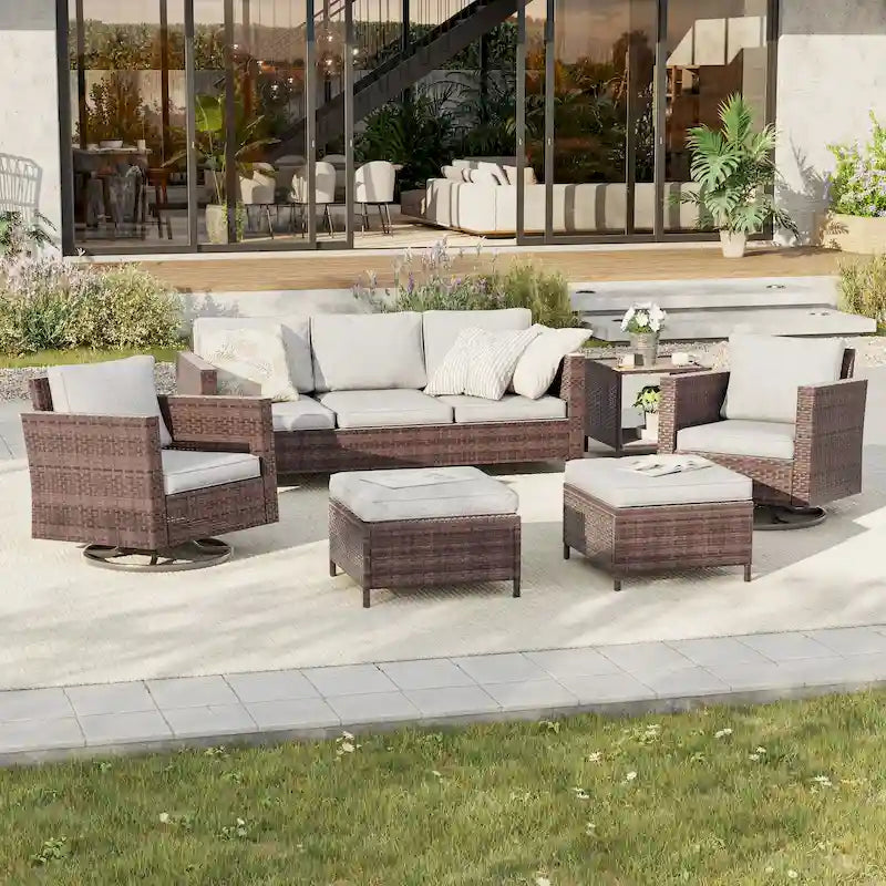 BONOSUKI 6Pcs Patio Swivel Rocking Sofa Set Brown Rattan w/Side Table