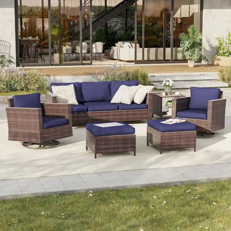 BONOSUKI 6Pcs Patio Swivel Rocking Sofa Set Brown Rattan w/Side Table