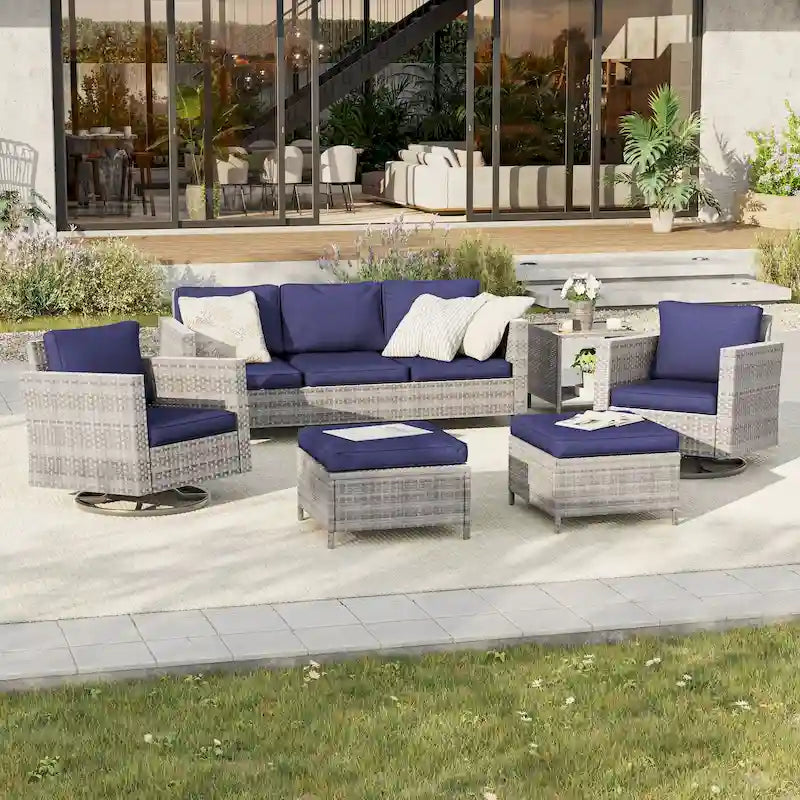 BONOSUKI 6Pcs Patio Swivel Rocking Sofa Set Brown Rattan w/Side Table