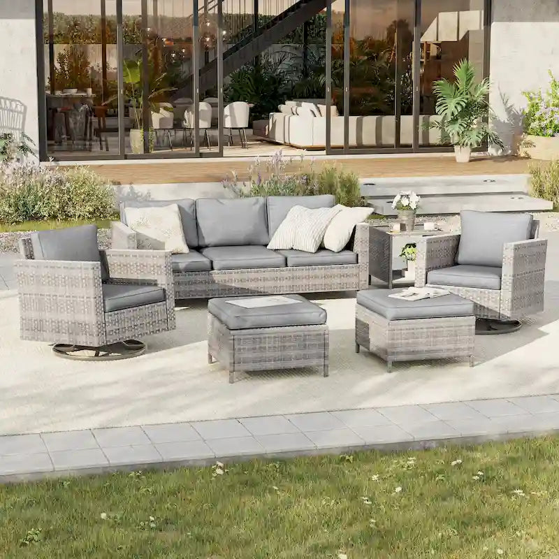BONOSUKI 6Pcs Patio Swivel Rocking Sofa Set Brown Rattan w/Side Table