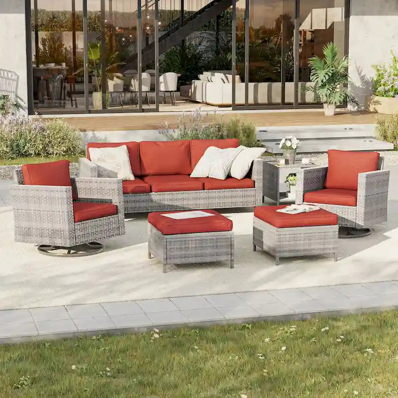 BONOSUKI 6Pcs Patio Swivel Rocking Sofa Set Brown Rattan w/Side Table