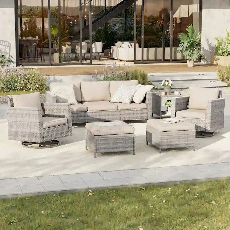 BONOSUKI 6Pcs Patio Swivel Rocking Sofa Set Brown Rattan w/Side Table