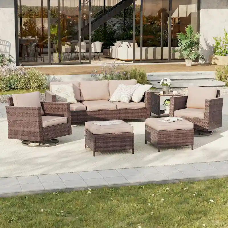 BONOSUKI Salon de jardin pivotant 6 pièces en rotin marron avec table d'appoint
