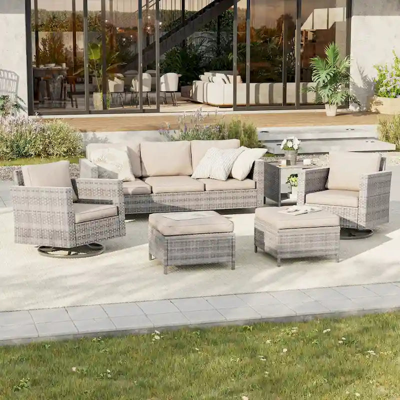 BONOSUKI Salon de jardin pivotant 6 pièces en rotin marron avec table d'appoint