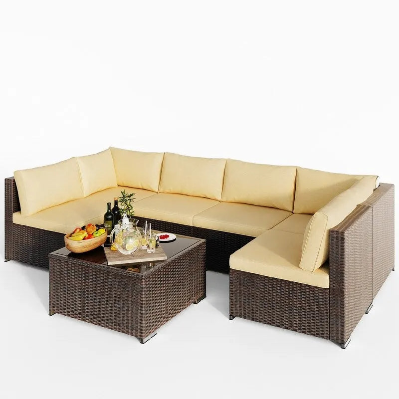 Salon de jardin 7 pièces en résine tressée, ensemble modulable en rotin pour patio