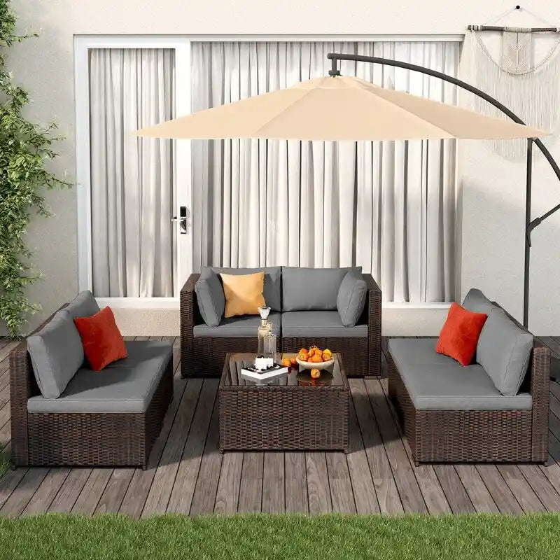 Salon de jardin 7 pièces en résine tressée, ensemble modulable en rotin pour patio