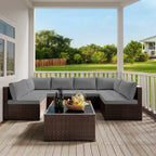 Salon de jardin 7 pièces en résine tressée, ensemble modulable en rotin pour patio