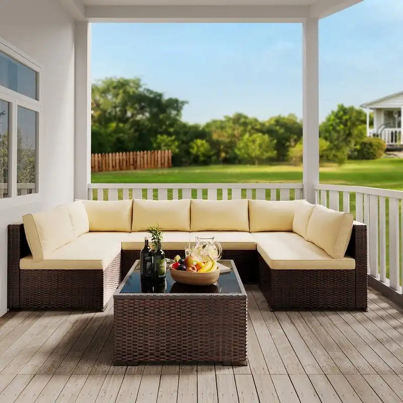Salon de jardin 7 pièces en résine tressée, ensemble modulable en rotin pour patio