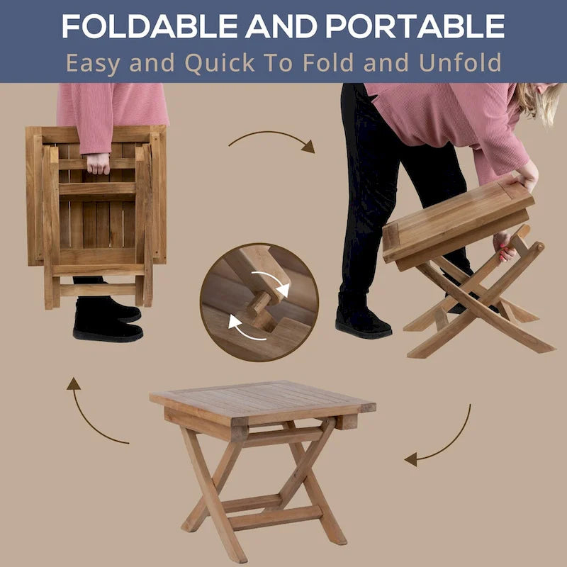 RRI Goods Table basse carrée pliante en bois de teck 20, table portable en bois pour jardin, porche, balcon