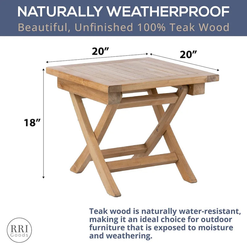 RRI Goods Table basse carrée pliante en bois de teck 20, table portable en bois pour jardin, porche, balcon
