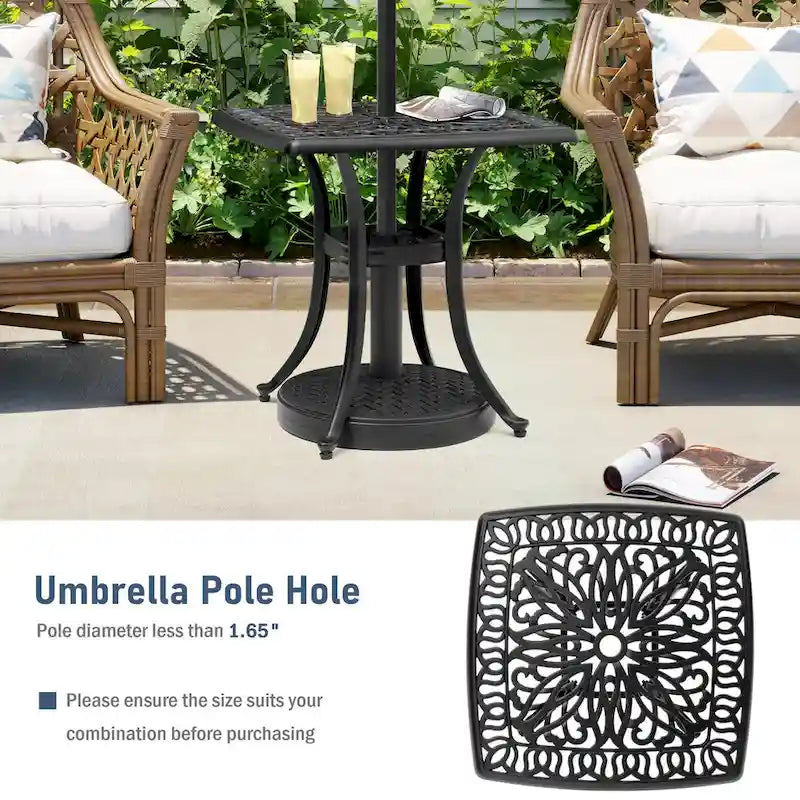 VredHom Table de patio carrée en fonte d'aluminium avec trou pour parasol - 21 po L * 21 po l * 20,9 po H