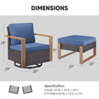 Ensemble de chaises à bascule pivotantes d'extérieur avec poufs - Marron