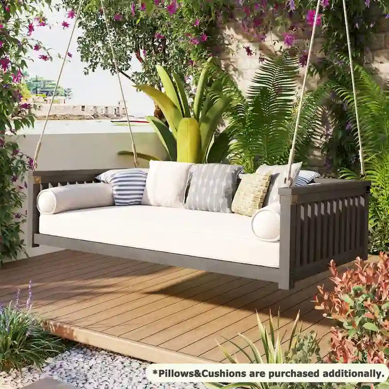 Lit de balançoire de jardin double minimaliste pour patio, en bois avec cordes pour porche, design incliné sécurisé, gris