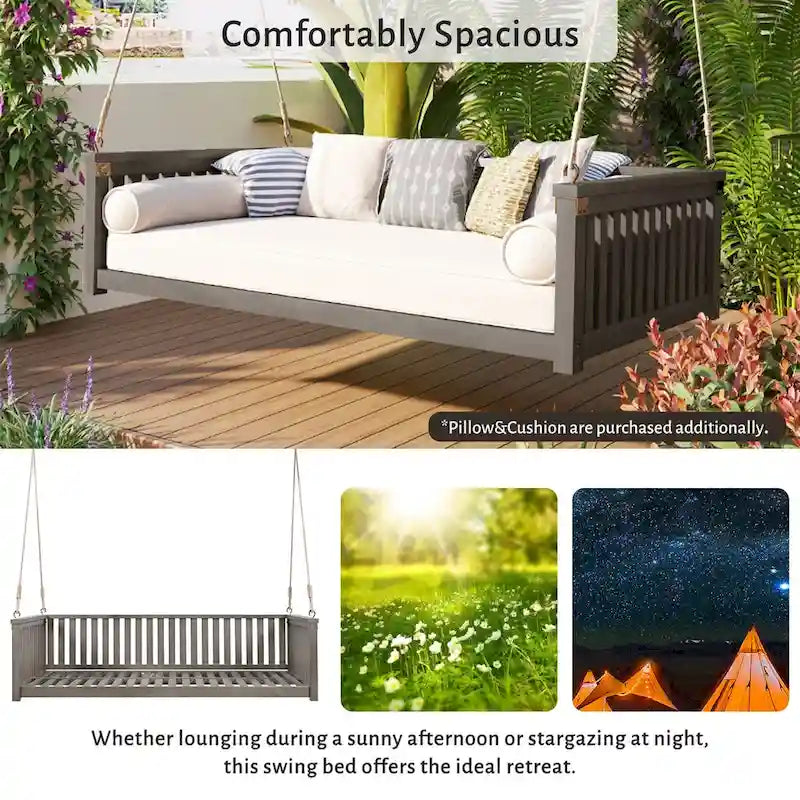 Lit de balançoire de jardin double minimaliste pour patio, en bois avec cordes pour porche, design incliné sécurisé, gris