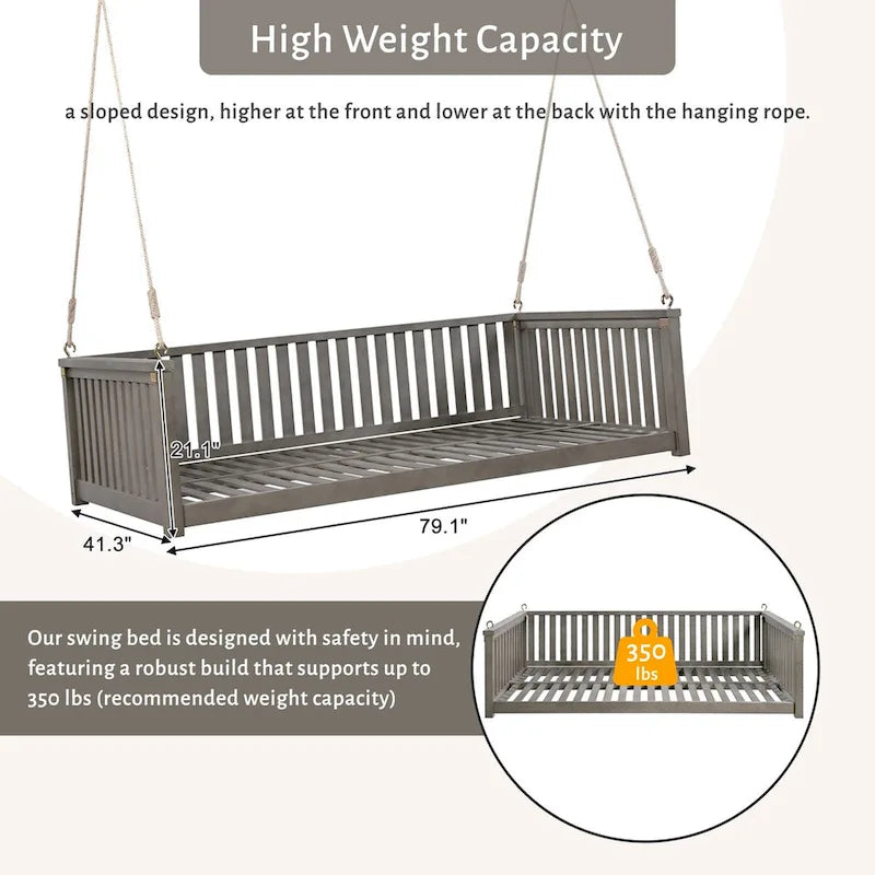 Lit de balançoire de jardin double minimaliste pour patio, en bois avec cordes pour porche, design incliné sécurisé, gris