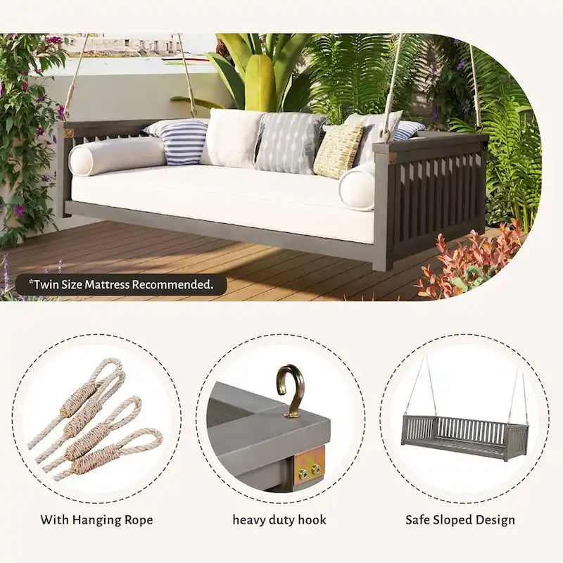 Lit de balançoire de jardin double minimaliste pour patio, en bois avec cordes pour porche, design incliné sécurisé, gris