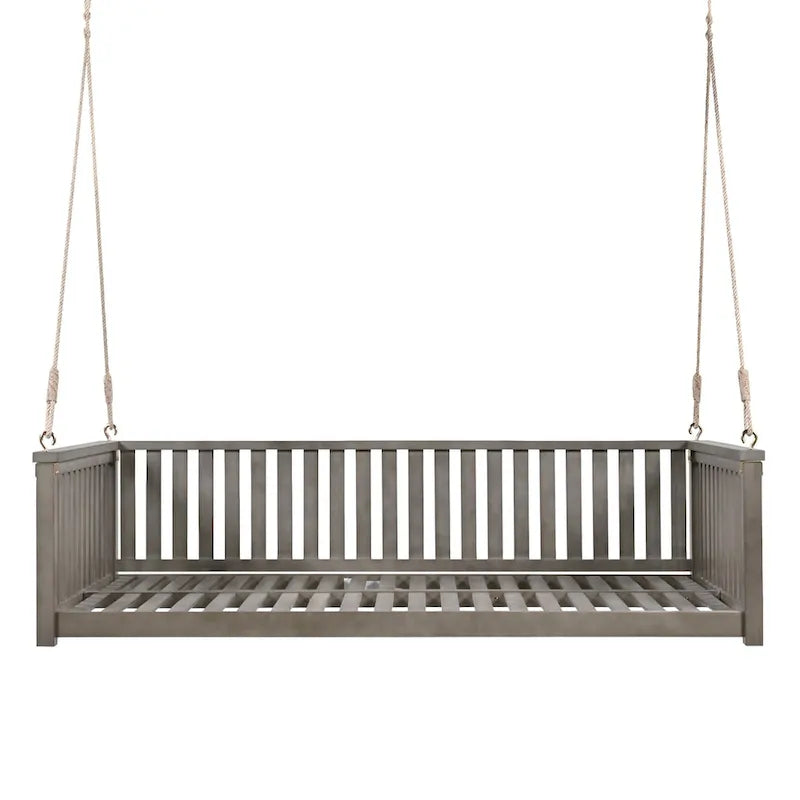 Lit de balançoire de jardin double minimaliste pour patio, en bois avec cordes pour porche, design incliné sécurisé, gris