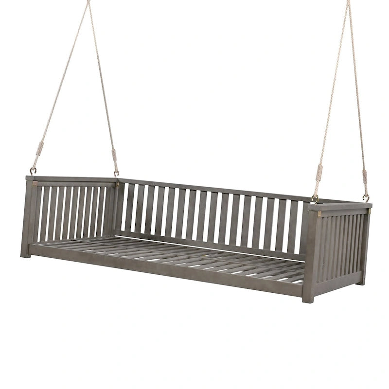 Lit de balançoire de jardin double minimaliste pour patio, en bois avec cordes pour porche, design incliné sécurisé, gris