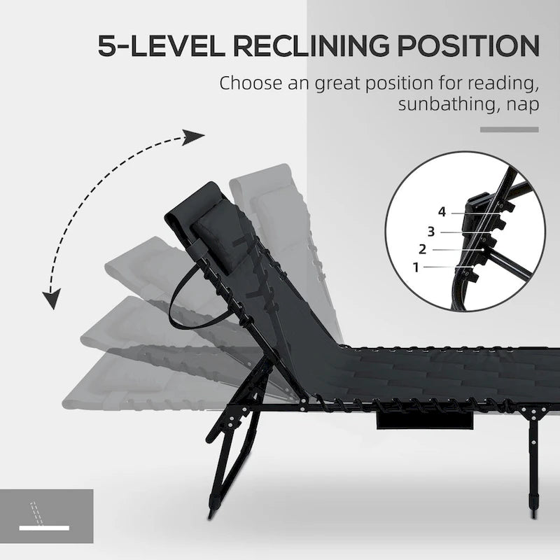 Ensemble de chaises longues pliantes avec dossier inclinable sur 5 positions, chaise longue de bronzage avec siège rembourré, pochette latérale et appui-tête