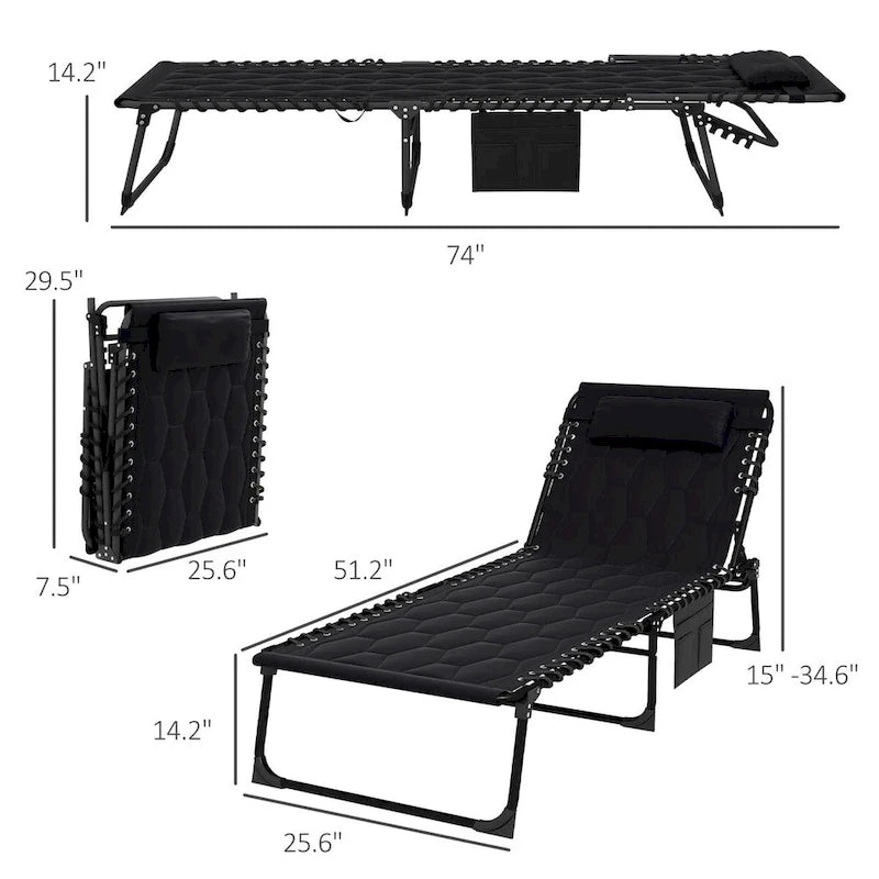 Ensemble de chaises longues pliantes avec dossier inclinable sur 5 positions, chaise longue de bronzage avec siège rembourré, pochette latérale et appui-tête